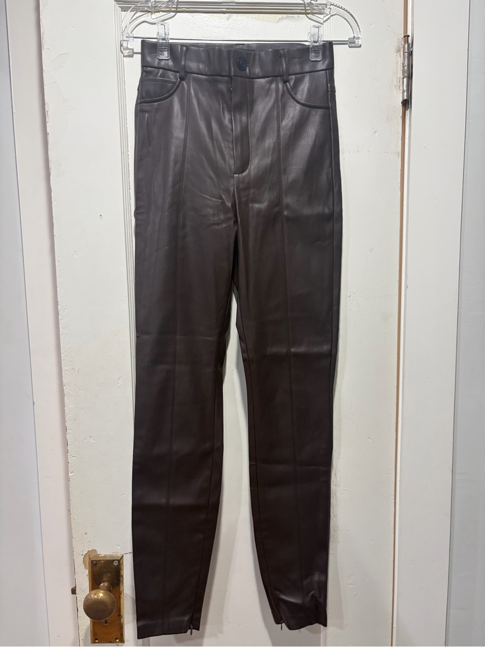 Zara women’s Skinny Faux Leather Jeans in Dark Brown
